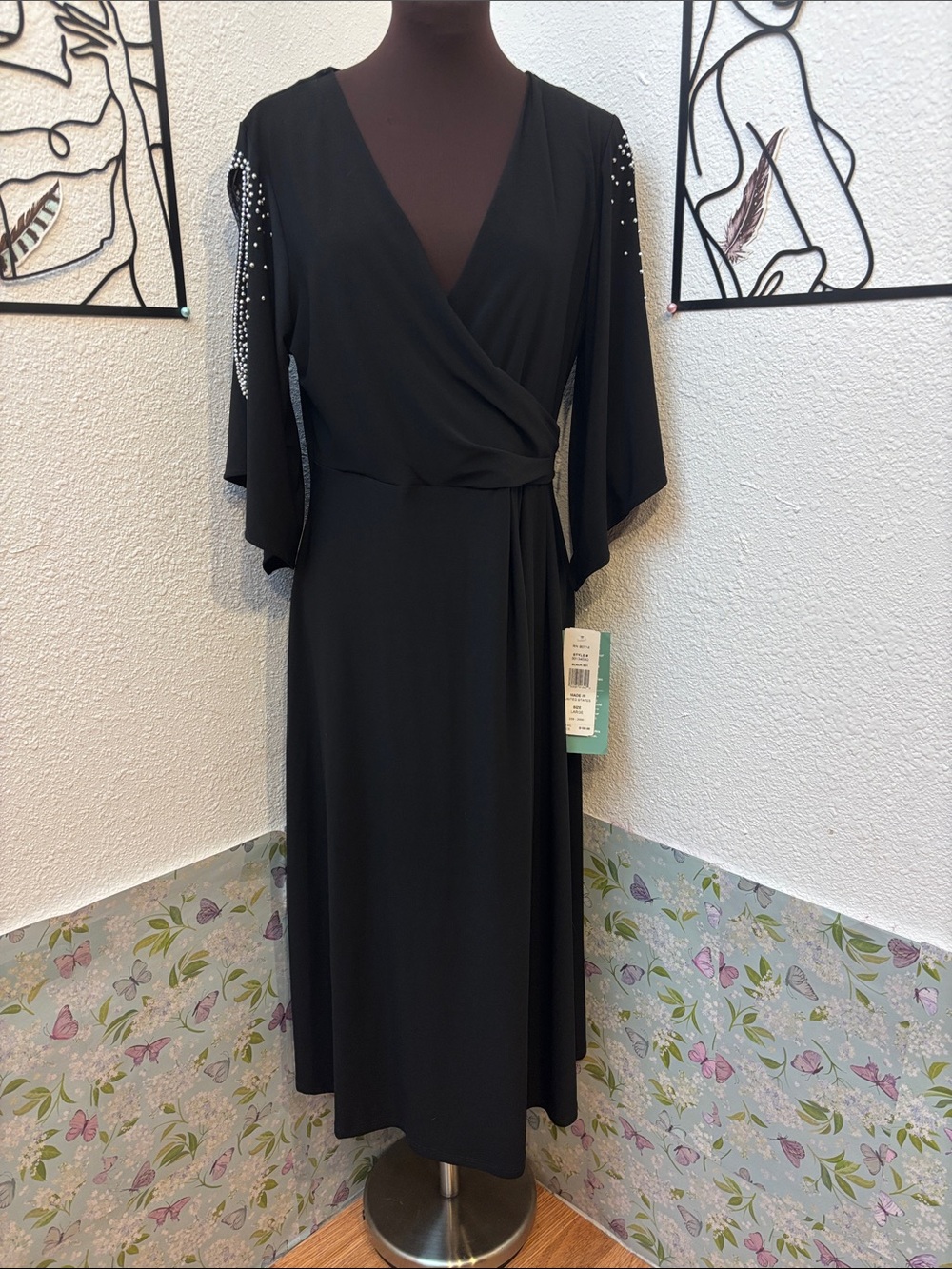 NWT MSK black midi dress with rhinestone embellished sleeves. Size L